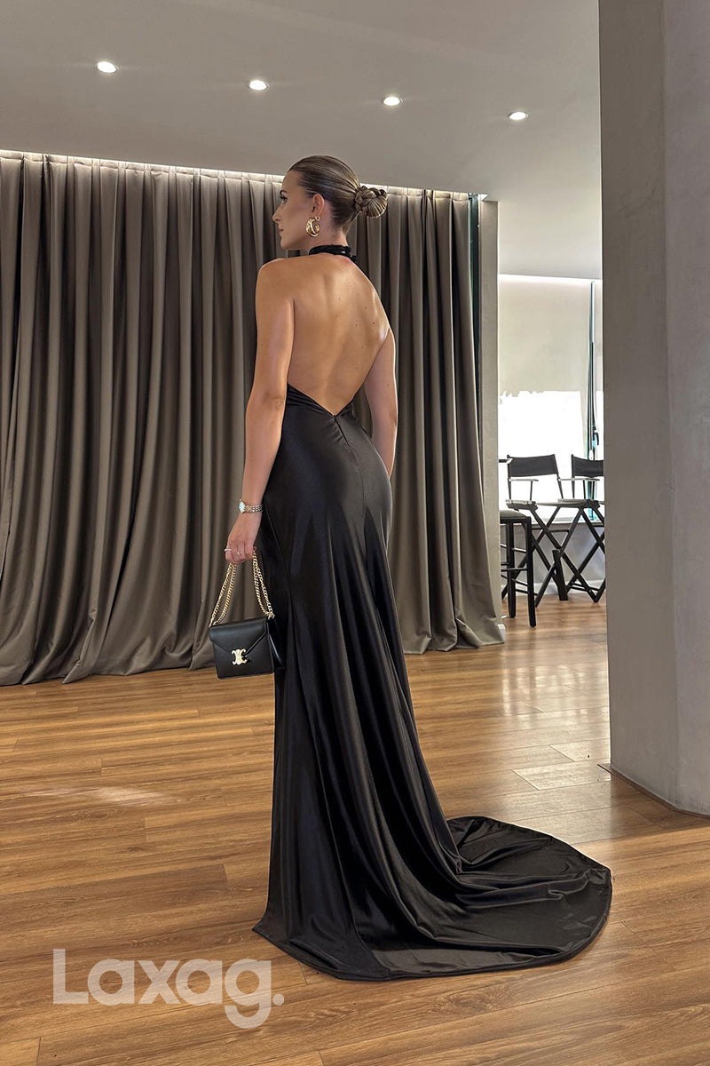 22288 - High Neck Backless Draped Sleek Satin Mermaid Party Prom Formal Evening Dress