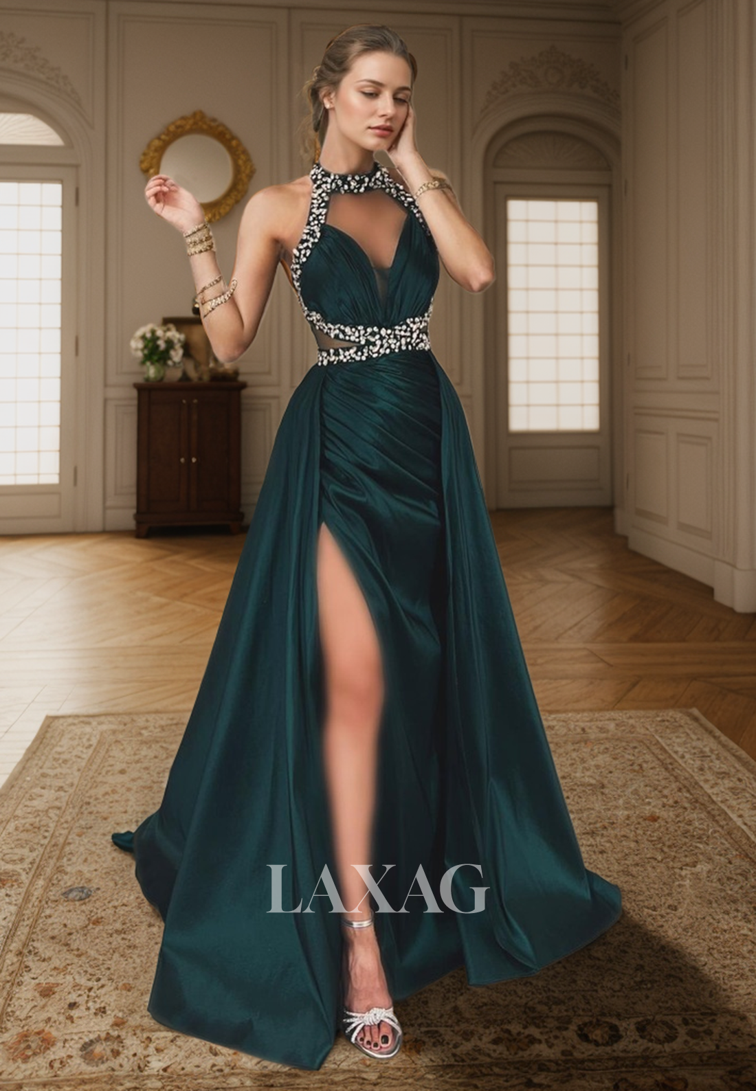 23163 - High Neck Cutout Beaded Backless Sleek Satin High Slit Party Prom Formal Evening Dress