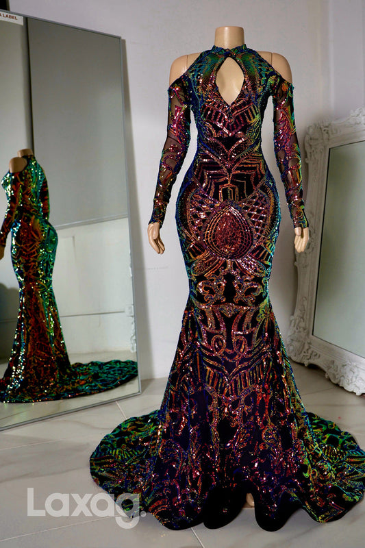 22568 - High Neck Cutout Long Sleeves Sequins Mermaid Prom Dresses for Black Girl Slay