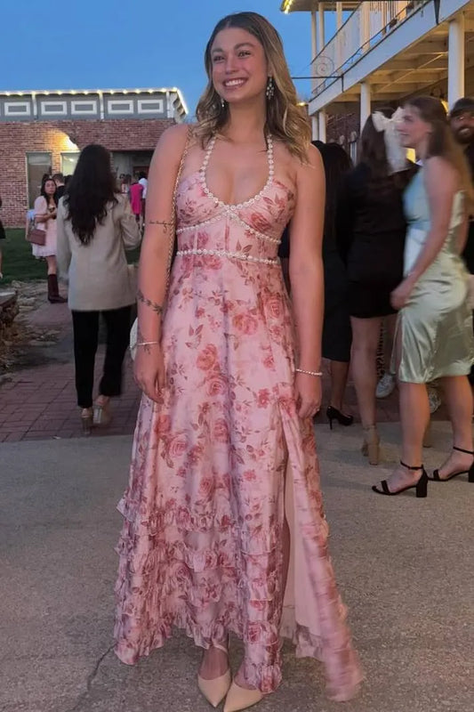 Halter Scoop-Neck Beated Ruffled Print-Chiffon Pleated Tea-Length A-Line Prom Dress