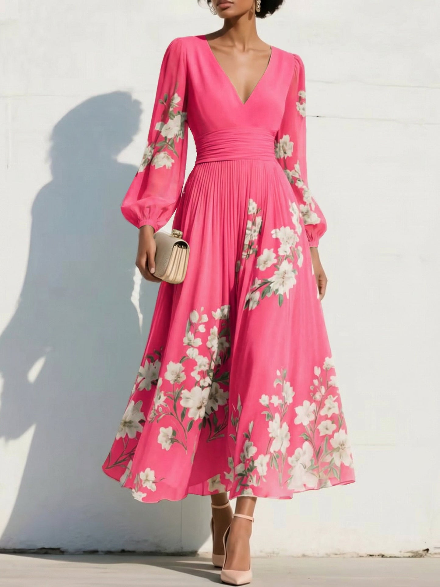 V-Neck Long-Sleeves Print-Chiffon Pleated Tea-Length A-Line Mother of the Bride Dress