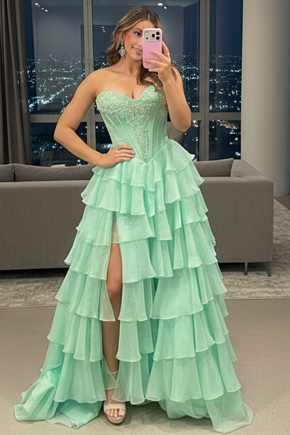 Off-Shoulder Sweetheart Beaded Applique Chiffon Ruffled Tiered A-Line Prom Dress