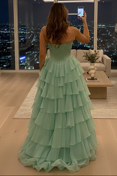 Off-Shoulder Sweetheart Beaded Applique Chiffon Ruffled Tiered A-Line Prom Dress