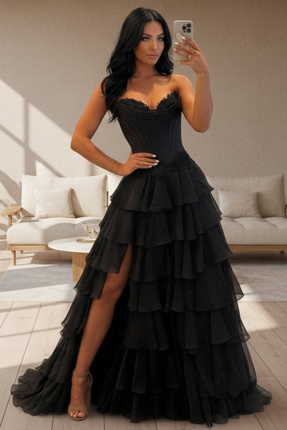 Sweetheart Off-Shoulder Applique Chiffon Ruffled Tiered Floor-Length A-Line Prom Dress