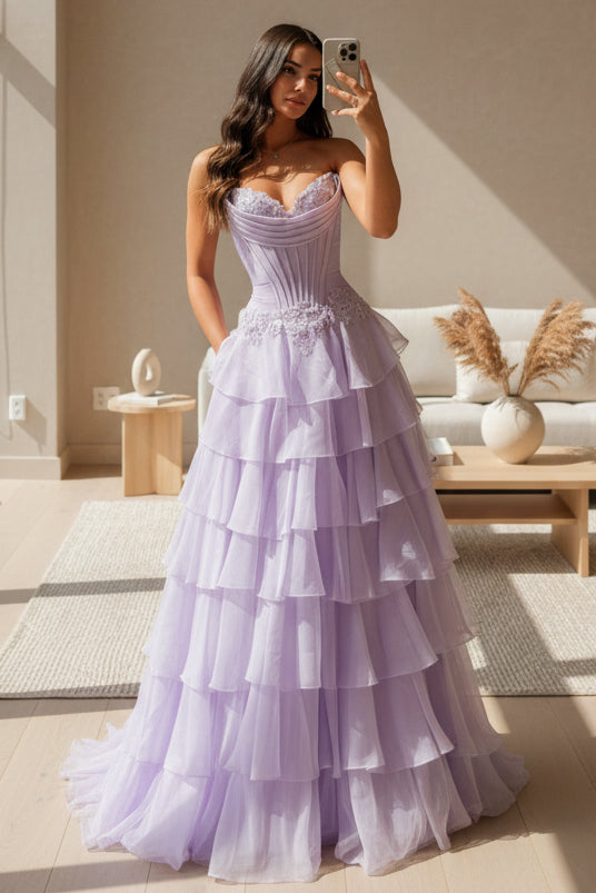 Sweetheart Off-Shoulder Applique Chiffon Ruffled Tiered Floor-Length A-Line Prom Dress