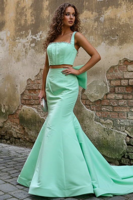 Square-Neck Straps Pearls Beaded Satin Two Piece Trumpet Mermaid Prom Dress with Bow