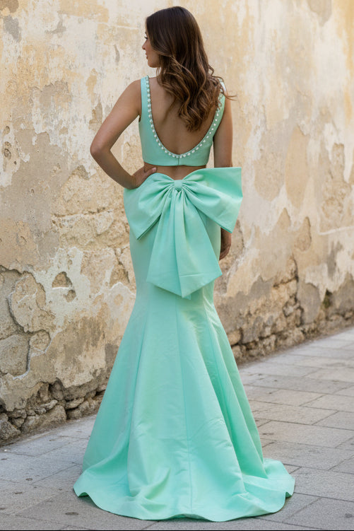 Square-Neck Straps Pearls Beaded Satin Two Piece Trumpet Mermaid Prom Dress with Bow