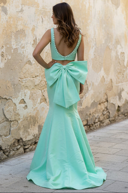 Square-Neck Straps Pearls Beaded Satin Two Piece Trumpet Mermaid Prom Dress with Bow