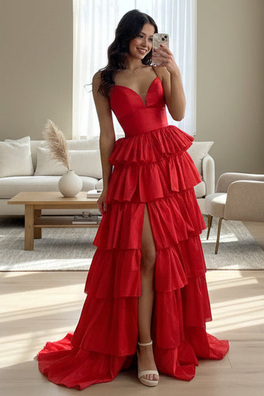 V-Neck Spaghetti Straps Satin Pleated Ruffled Tiered A-Line Prom Dress with High Slit