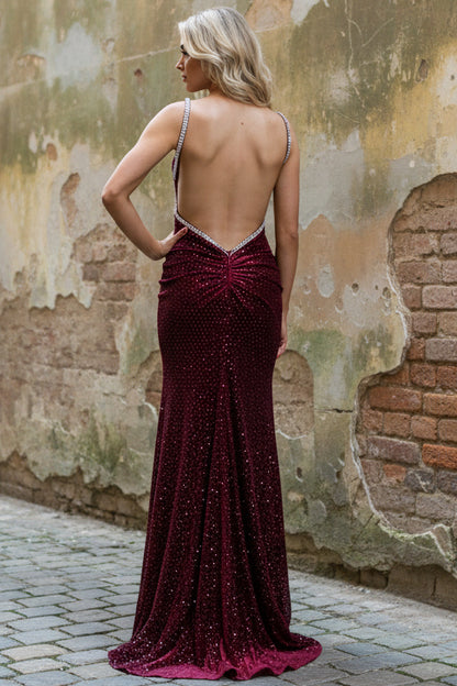 Deep V-Neck Spaghetti Straps Fully Beaded Rhinestone Velvet Pleated Mermaid Prom Dress