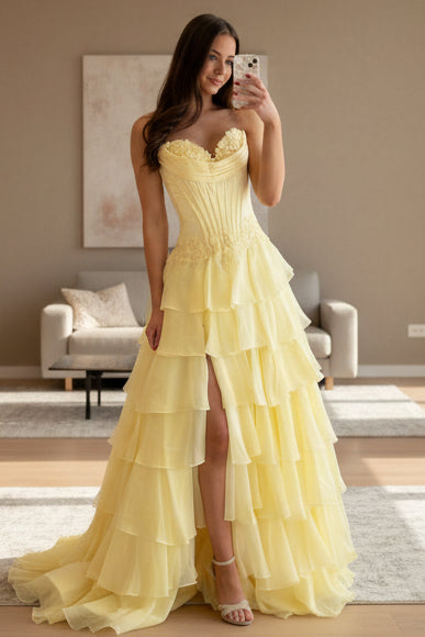 Sweetheart Off-Shoulder Applique Chiffon Ruffled Tiered Floor-Length A-Line Prom Dress
