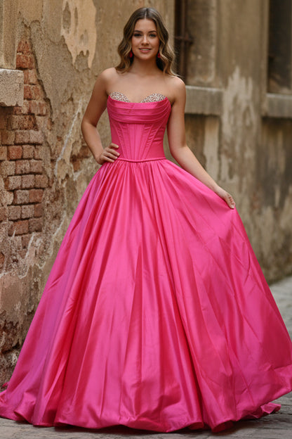 Sweetheart Off-Shoulder Sleeveless Beaded Satin Pleated A-Line Prom Dress with Train