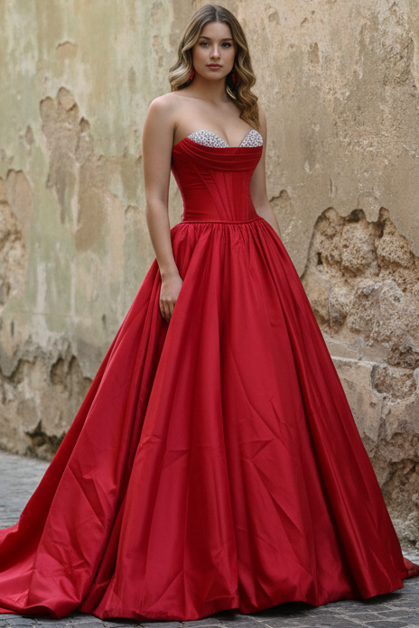 Sweetheart Off-Shoulder Sleeveless Beaded Satin Pleated A-Line Prom Dress with Train