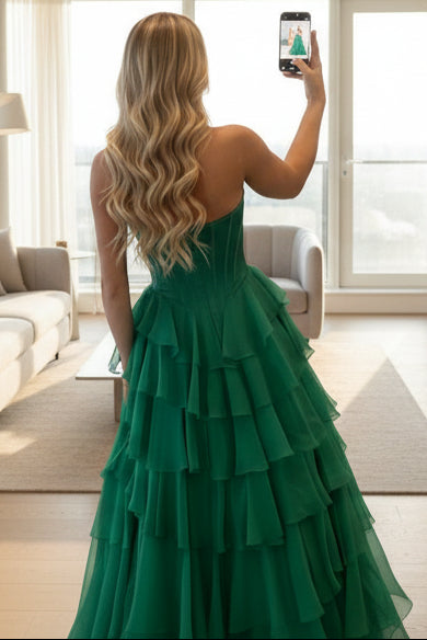 Off-Shoulder Sweetheart Beaded Applique Chiffon Ruffled Tiered A-Line Prom Dress