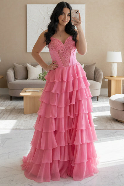 Sweetheart Sleeveless Beaded Applique Chiffon Ruffled Tiered A-Line Prom Dress