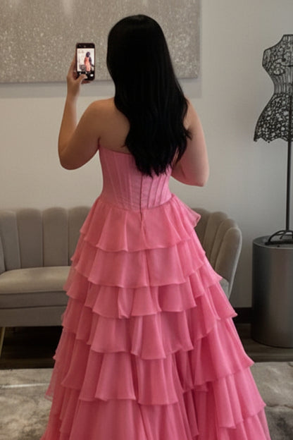 Sweetheart Sleeveless Beaded Applique Chiffon Ruffled Tiered A-Line Prom Dress