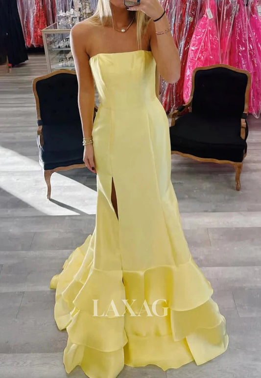 Off-Shoulder Sleeveless Pleated Satin Mermaid Prom Dress Tube Top Chiffon-Tiered Slit Formal Gowns