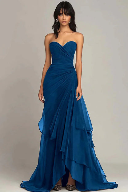 Sweetheart Chiffon Pleated Mermaid Prom Dress Off-Shoulder Floor-Length Party Gowns