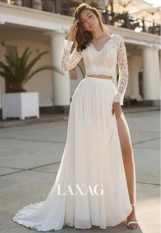 V-Neck Long-Sleeves Lace Applique Pleated Sheer Chiffon A-Line Wedding Dress with Sweep Train
