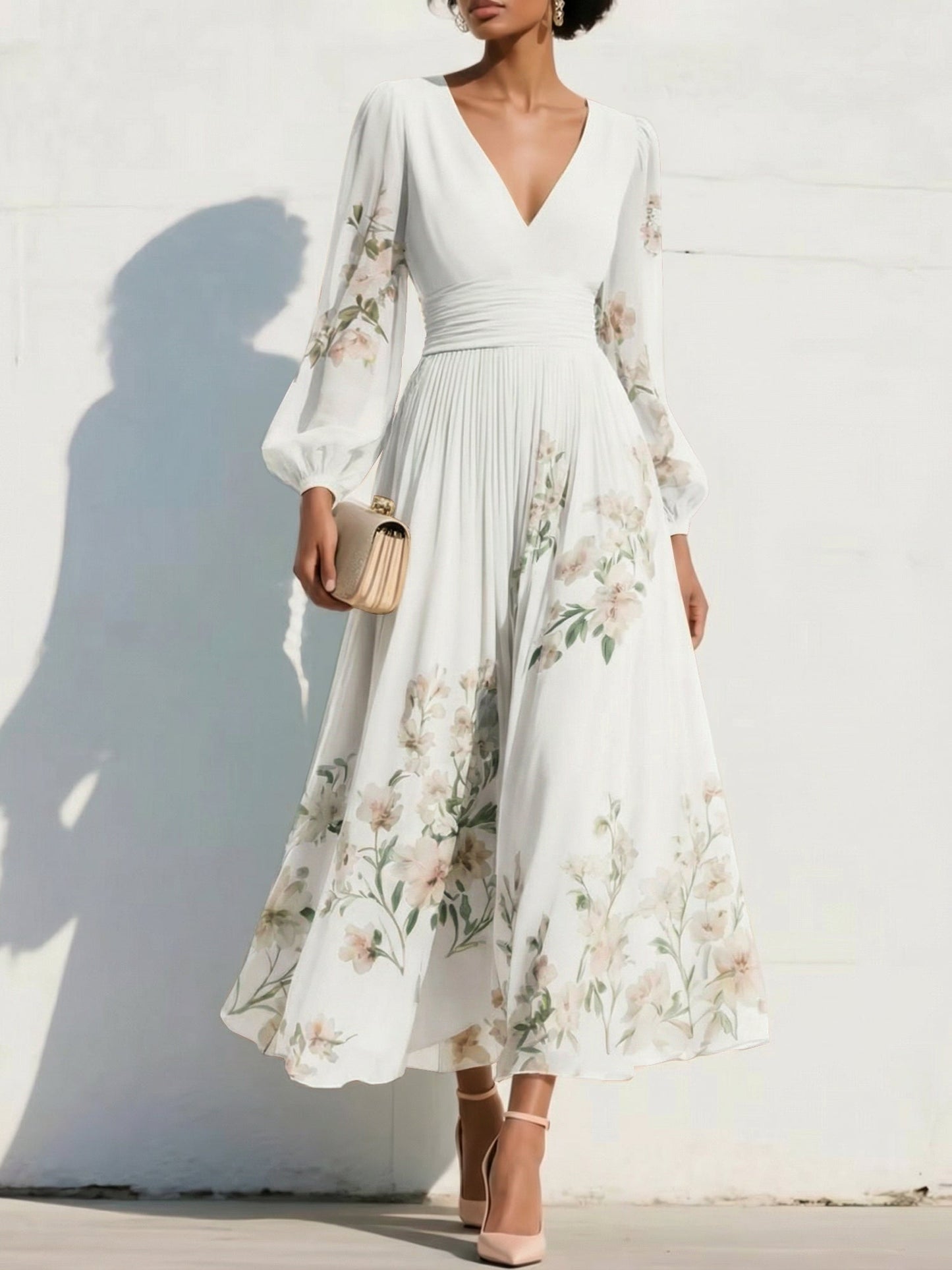 V-Neck Long-Sleeves Print-Chiffon Pleated Tea-Length A-Line Mother of the Bride Dress