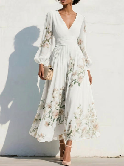 V-Neck Long-Sleeves Print-Chiffon Pleated Tea-Length A-Line Mother of the Bride Dress