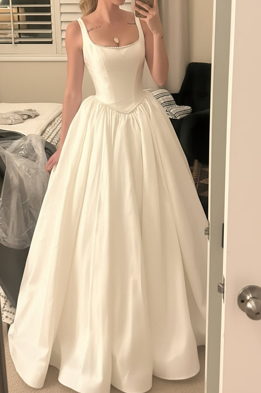 Scoop-Neck Straps Sleeveless Floor-Length Beaded Satin Pleated A-Line Wedding Dress