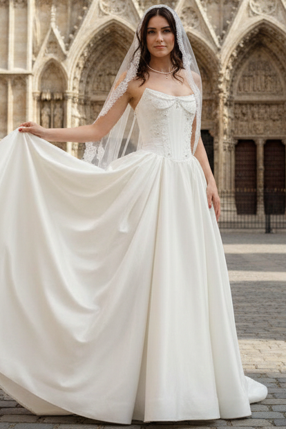 Scoop-Neck Off-Shoulder Beaded Satin Mermaid Wedding Dress with High Slit