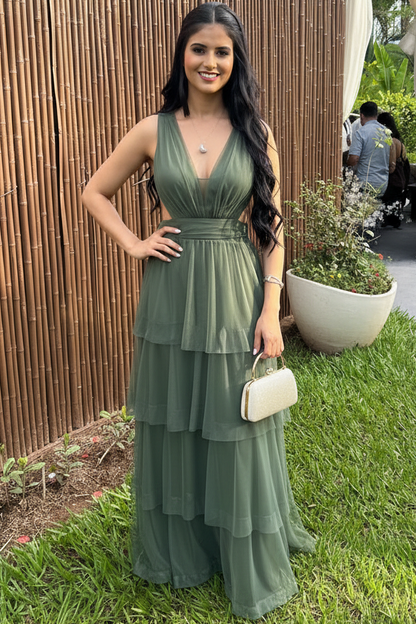 Deep V-Neck Straps Sleeveless Floor-Length Tulle Pleated Tiered A-Line Prom Dress