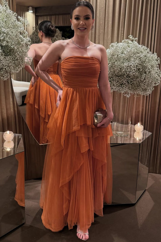 Tube Top Off-Shoulder Sleeveless Floor-Length Tulle Pleated Tiered A-Line Formal Prom Dress