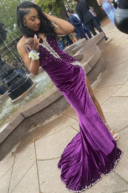 Deep V-Neck Off-Shoulder Beaded Velvet Pleated Sweep Train Mermaid Formal Prom Dress