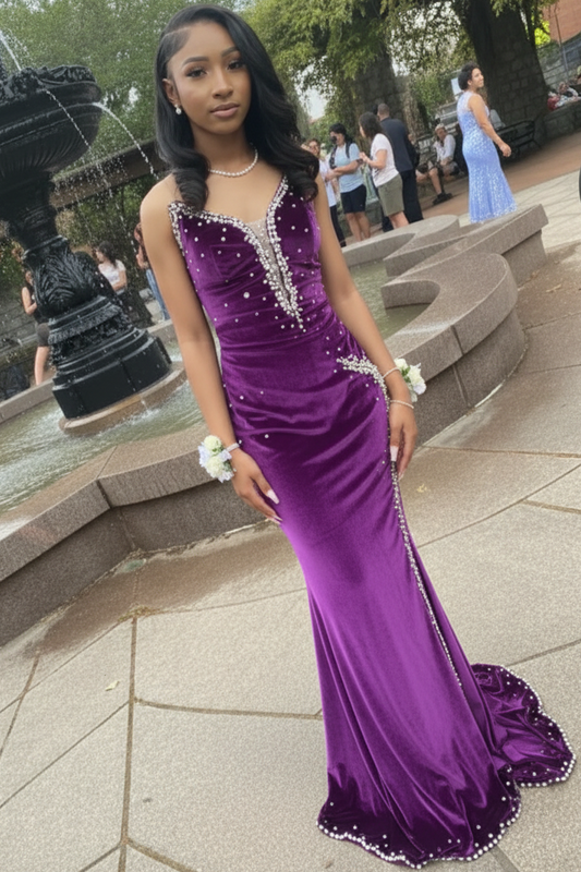 Deep V-Neck Off-Shoulder Beaded Velvet Pleated Sweep Train Mermaid Formal Prom Dress