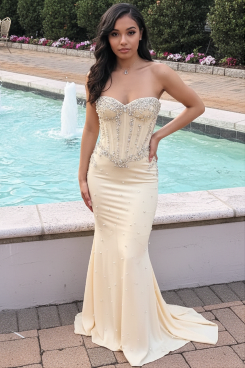 Sweetheart Off-Shoulder Sleeveless Beaded Satin Pleated Sweep Train Mermaid Prom Dress