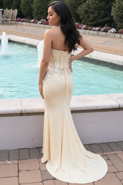 Sweetheart Off-Shoulder Sleeveless Beaded Satin Pleated Sweep Train Mermaid Prom Dress