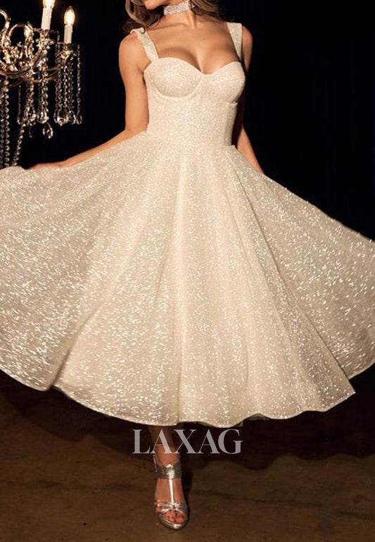 Sweetheart Straps Off-Shoulder Sleeveless Glitter-Knit Pleated Tea-Length A-Line Wedding Dress