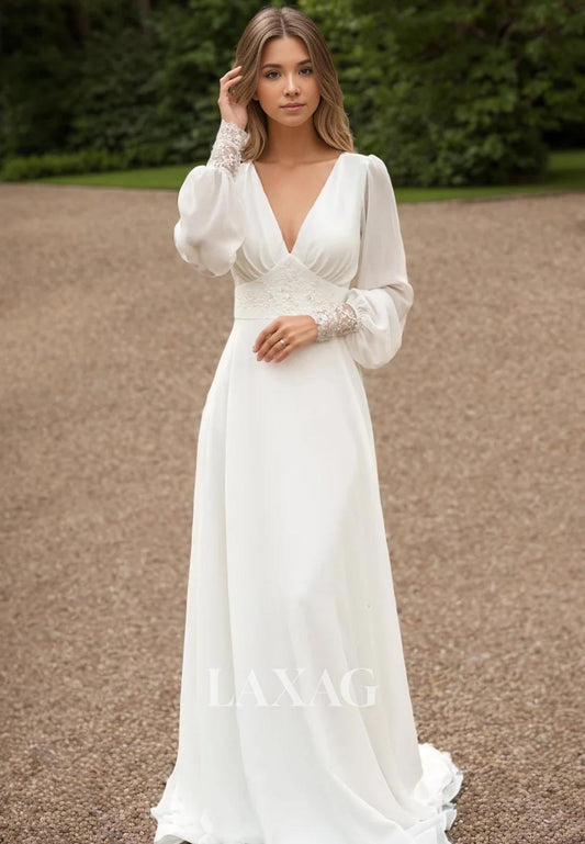 Deep V-Neck Long-Sleeves Fitted Wedding Dress Applique Beaded Pleated Chiffon Bride Gowns