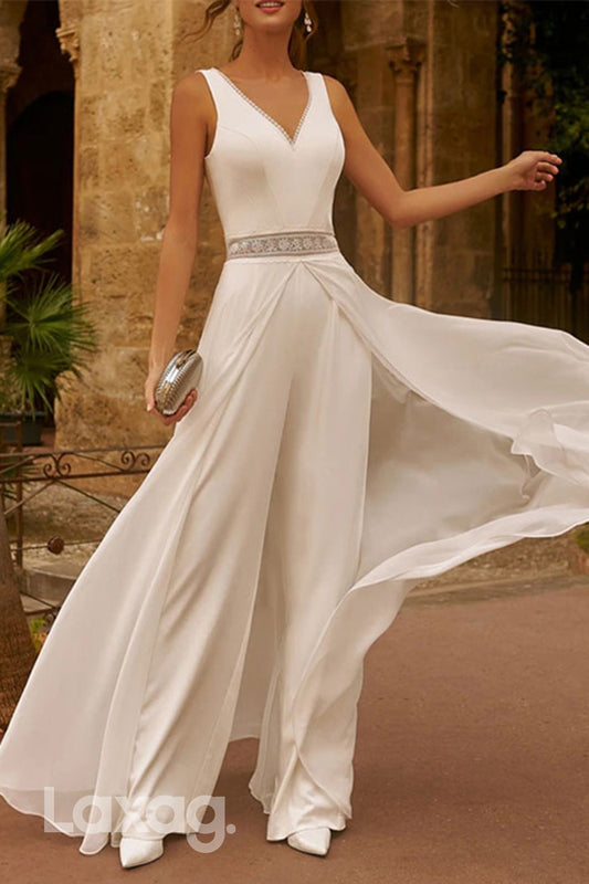 22667 - Jumpsuit Pantsuit V-neck Sleeveless Elastic Satin Floor Wedding Dress