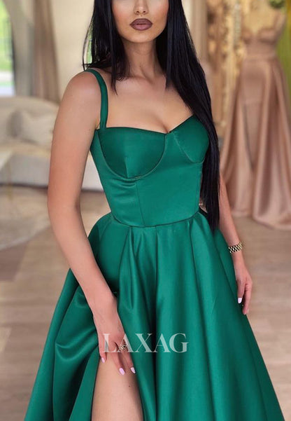 21905 - A Line Sweetheart Green Satin Simple Long Formal Prom Dress with Pockets