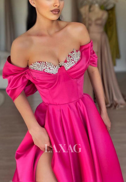 21915 - A Line Off Shoulder Satin Beads Pink Long Formal Prom Dress with Slit