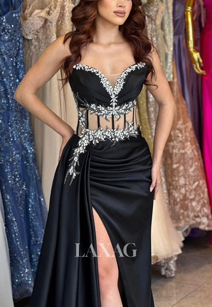 22114 - Sexy V-Neck Bone Bodice Beaded Draped Sleek Satin High Slit Prom Dress