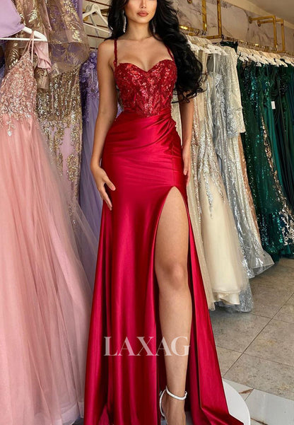 22167 - Spaghetti Straps Beaded Sleek Satin High Slit Party Prom Formal Evening Dress