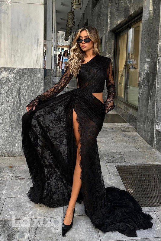 22237 - Lace illusion Cut Outs High Slit Party Prom Formal Evening Dress with Train
