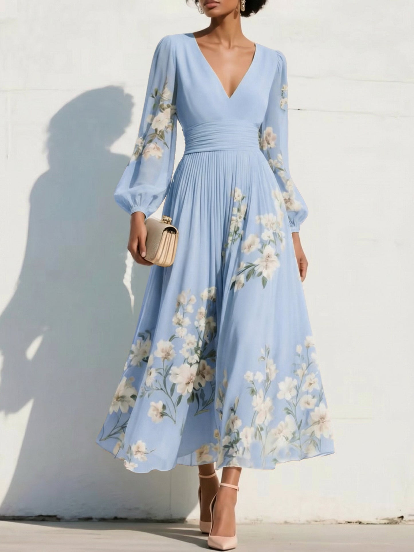 V-Neck Long-Sleeves Print-Chiffon Pleated Tea-Length A-Line Mother of the Bride Dress