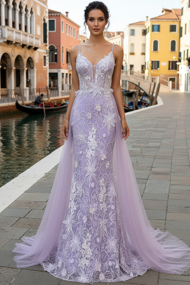 Deep V-Neck Spaghetti Straps Sleeveless Fully Sequined Applique Tulle Mermaid Prom Dress