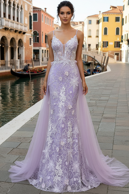 Deep V-Neck Spaghetti Straps Sleeveless Fully Sequined Applique Tulle Mermaid Prom Dress