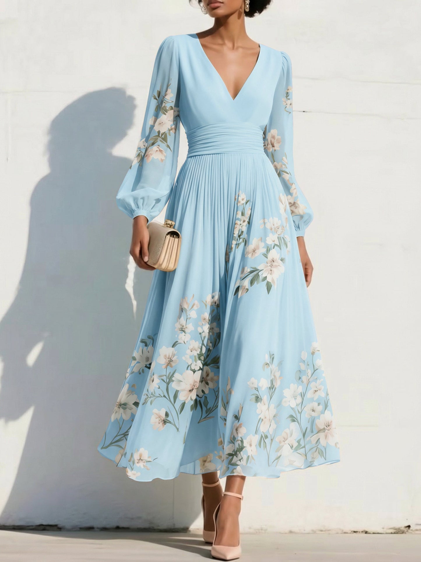 V-Neck Long-Sleeves Print-Chiffon Pleated Tea-Length A-Line Mother of the Bride Dress