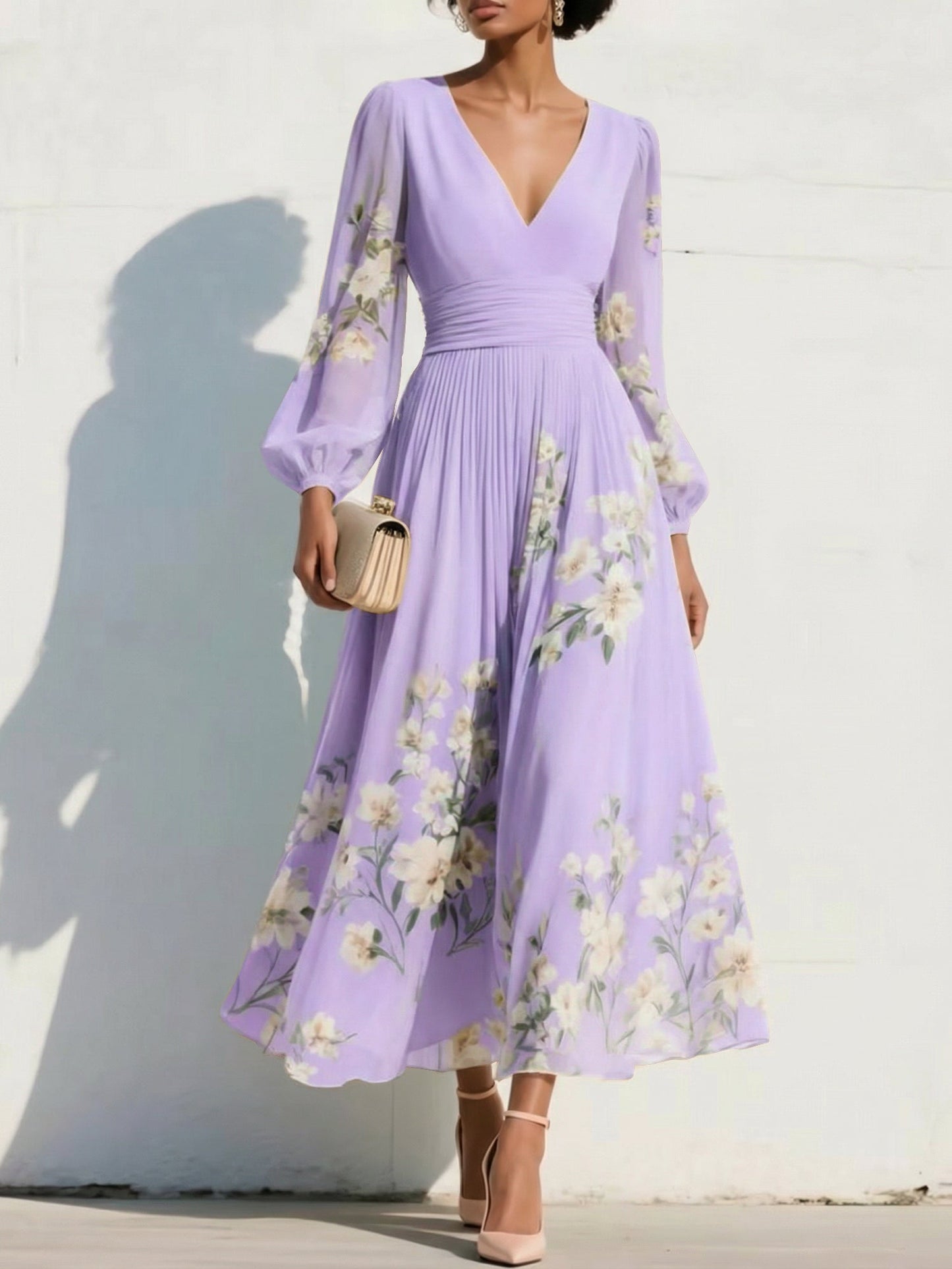 V-Neck Long-Sleeves Print-Chiffon Pleated Tea-Length A-Line Mother of the Bride Dress