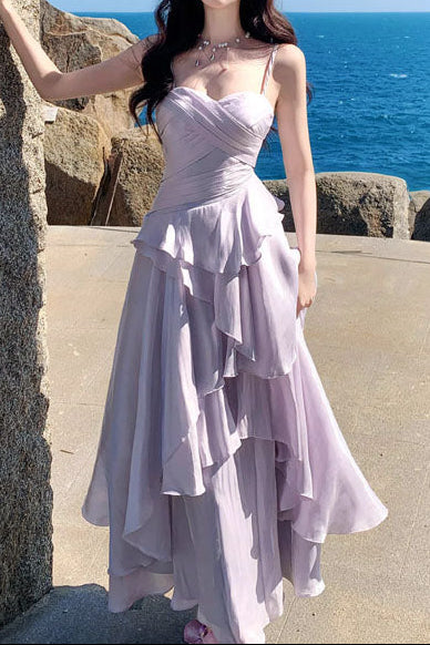 A-Line Sweetheart Spaghetti Straps Sleeveless Floor-Length Chiffon Pleated Tiered Prom Dress