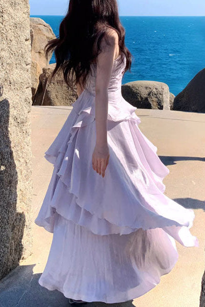 A-Line Sweetheart Spaghetti Straps Sleeveless Floor-Length Chiffon Pleated Tiered Prom Dress
