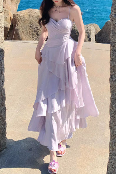 A-Line Sweetheart Spaghetti Straps Sleeveless Floor-Length Chiffon Pleated Tiered Prom Dress