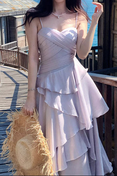 A-Line Sweetheart Spaghetti Straps Sleeveless Floor-Length Chiffon Pleated Tiered Prom Dress